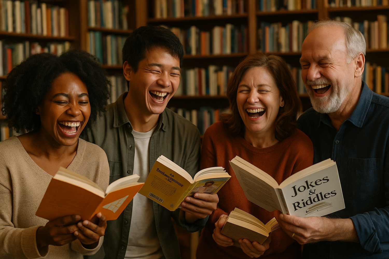 das humorvolle bild, auf dem sich leute amüsieren und über bücherlachen nicht im comic stil