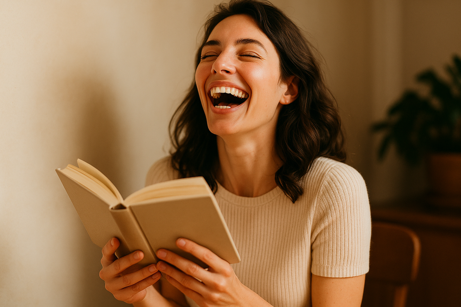 ich hätte gerne eine ästhetische lachende frau, die sich super amüsiert über ein buch